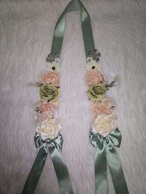 Sage Ribbon Floral Sash with Cream, Peach & Green Silk Flowers
